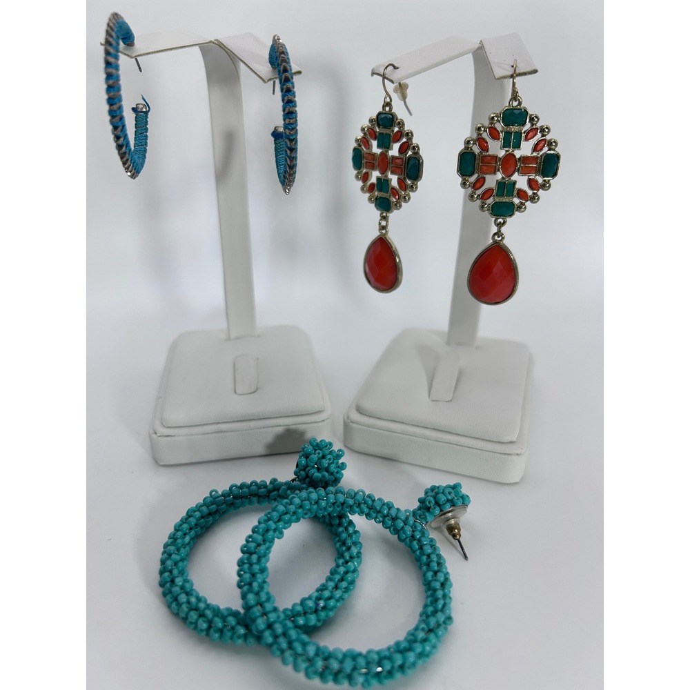 3 Pair Statement Earring Set Turquoise Seed Bead Hoops & Geometric Drops